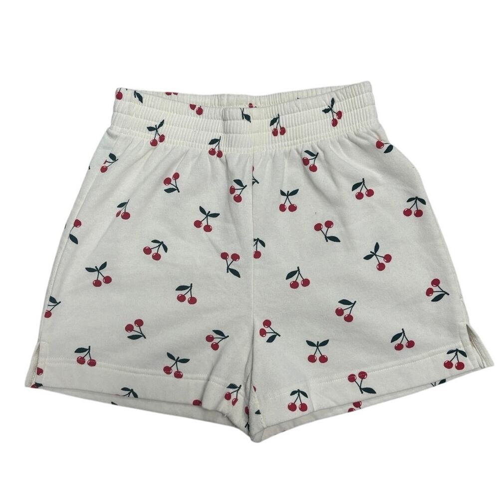 🍒 Cherry Print Cream High Waist Sweat Shorts Elastic Waist Soft Cozy - Size M ✨